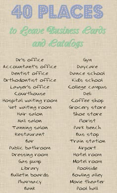 40 Places to leave your #directsales business cards or catalogs #dstips Avon Business, Direct Sales Business, Scentsy Ideas, Scentsy Business, Mary Kay Business, Salon Suites, Tanning Salon, Perfectly Posh