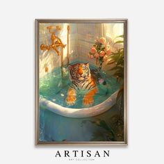 a painting of a tiger in a bathtub with flowers on the side and a gold cross above it