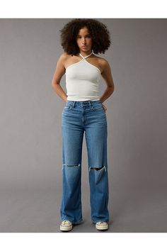 Dreamy, drapey stretch fabric/Soft & lightweight/Medium wash Casual High Rise 4-way Stretch Jeans, Casual High Rise Jeans With 4-way Stretch, Casual High-rise Jeans With 4-way Stretch, Aerie Bras, Jumpsuit Skirt, Curvy Jeans, Christmas 2024, American Eagle Jeans, Swim Accessories