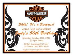 an orange and black harley davidson style birthday party card with the words,'it's a surprise come help us celebrate guy's 50th