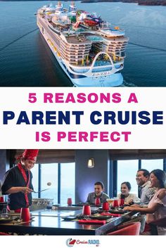 A luxurious cruise ship on the water paired with a family dining at a hibachi-style restaurant.