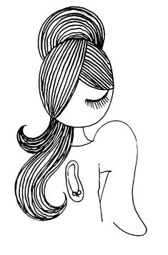 a black and white drawing of a girl with long hair