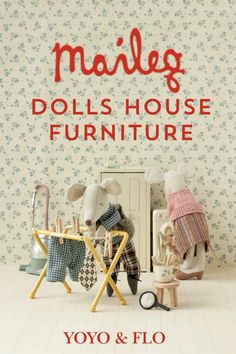 two stuffed animals are sitting in front of a dollhouse furniture set, with the words maileg dolls house furniture written above them