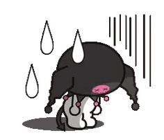 a drawing of a black and white cat with pink eyes sitting in front of a rain drop