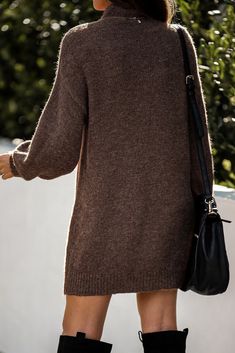 Brown Mock Neck Lantern Sleeves Sweater Dress V-neck Outerwear For Daywear In Fall, Brown Long Sleeve Sweater Dress For Winter, Long Sleeve Solid Sweater Dress For Fall, Long Sleeve Sweater Dress In Solid Color For Fall, Casual Knee-length Fall Sweater, Casual Brown Sweater Dress, Casual Brown Winter Dress, Solid Knit Sweater Dress For Fall, Knit Sweater Dress For Fall