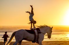 a person is doing a handstand on a horse at the beach as the sun sets