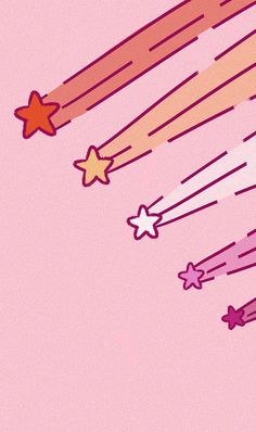 an abstract drawing of stars and rockets in the air on a pink background with space for text