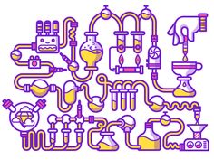 an image of various pipes and valves in purple and yellow colors on a white background