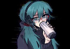 an anime character with blue hair and glasses drinking from a cup