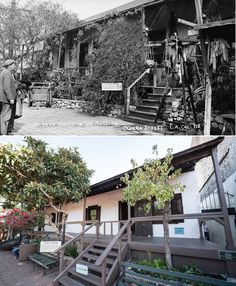 an old black and white photo shows the outside of a building with stairs leading up to it