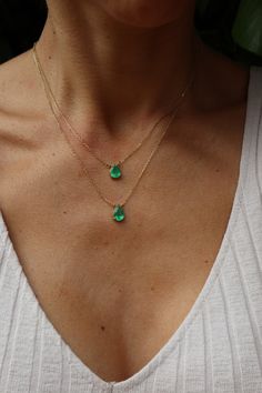 Beautiful 100% natural colombian emeralds in pear shape set in a 14k gold chain. It's a delicate statement piece that looks very flattering.  The emeralds have the characteristic color of the colombian ones, weight 1.20 and 1.27 ct , are not treated in any way and come with a certificate of authenticity.  Chain is 46 cm / 18 inches long and give the option of wearing it slightly shorter since it comes with two hoops to close.  * one of them is now sold. please get in touch for more information on the one available Colombian Jewelry, Pear Shape Pendant, Pear Shaped Pendant, Emerald Birthstone, Colombian Emeralds, Emerald Pendant, Emerald Necklace, Moon Jewelry, Emerald Jewelry