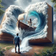 a man standing in front of an open book with a boat on top of it