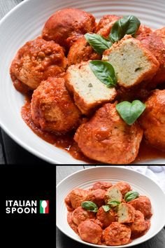 two pictures of meatballs in tomato sauce and basil