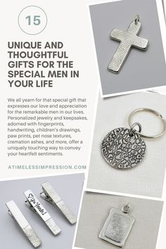 an advertisement for a jewelry store featuring cross pendants and keychains with the words, unique and thoughtful gifts for the special men in your life