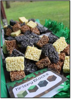 some brownies and rice krispy treats are on a table with green grass in the background