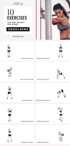 a woman doing exercises on her stomach with the words, 10 exercises for your belly and shoulders