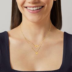 Ross-Simons - Italian 14kt Yellow Gold Double-Heart Layered Necklace. 16". RS Pure. Create the perfect layered look with this delicate, modern necklace. Crafted in Italy, this dainty necklace features heart designs on two simple 14kt yellow gold cable chains. Wear it with all your favorite contemporary jewelry to complete any outfit. Polished finish. Lobster clasp, 14kt yellow gold double-heart layered necklace. Modern Necklace, Heart Designs, Diamond Birthstone, Chic Necklace, Moon Pendant Necklace, Gold Disc, Gold Moon, Modern Necklaces, Station Necklace