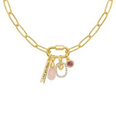 This gorgeous 18k gold rose quartz and cubic zirconia "Love you Mom" charm cluster necklace from Brilliance is sure to to make her smile. Click on this JEWELRY & WATCHES GUIDE to learn about fit, styles, materials and more! This gorgeous 18k gold rose quartz and cubic zirconia "Love you Mom" charm cluster necklace from Brilliance is sure to to make her smile. Click on this JEWELRY & WATCHES GUIDE to learn about fit, styles, materials and more! FEATURES Charm size: 0.59 in. Chain length: 18-20" adjustable Chain type: link Clasp: lobster-claw Nickel free Metal: brass Plating: 18k gold flash plated Finish: polished, textured Packaging: polyester bagSTONE DETAILS Stone type: cubic zirconia, rose quartz Total weight: 3/4 ct. Shape: round Setting: bezel, pave Gemstones may have been treated to e Textured Packaging, Charm Cluster Necklace, Jewelry Wishlist, Rose Gold Quartz, Make Her Smile, Cluster Necklace, Love You Mom, Her Smile, Gold Rose