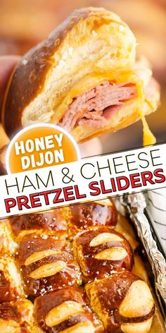 the ham and cheese pretzel sliders are ready to be eaten with honey dijon