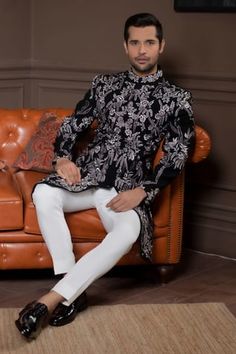 Black full sleeves band collar sherwani with all over Wildflower bloom embroidery. Paired with a trouser. - Aza Fashions Anamika Khanna, Jayanti Reddy, Trouser Pattern, Sara Ali Khan, Rohit Bal, Tarun Tahiliani, Band Collar, Mens Trousers, Modern Bride