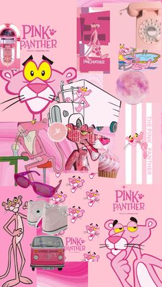 pink panther wallpaper with cartoon characters and designs on the back side, including an image of a cat