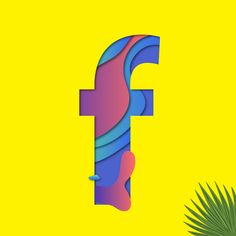 the letter f is made up of colorful shapes and palm leaves on a yellow background