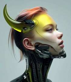 a woman's head with horns and wires attached to her face, as if she was an alien