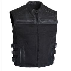 Denim And Cowhide Leather Outer Material Great Material For Airflow Four Outside Pockets Two Inside Concealed Carry Pockets One Inside Mobile Pocket To Accommodate Latest Smartphone Sizes Single Panel Back Motorcycle Leather Vest, Tactical Style, Motorcycle Black, Biker Clubs, Motorcycle Leather, Club Style, Leather Vest, Denim Fashion, Cowhide Leather