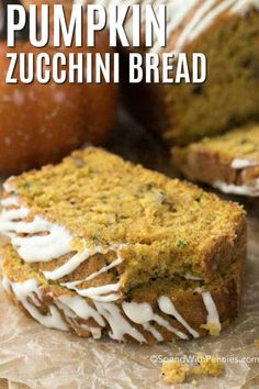 pumpkin zucchini bread with white frosting on top