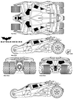 the batman batmobile is shown in three different views