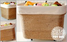 the toy bin is made from jute and has handles to hold stuffed animal toys