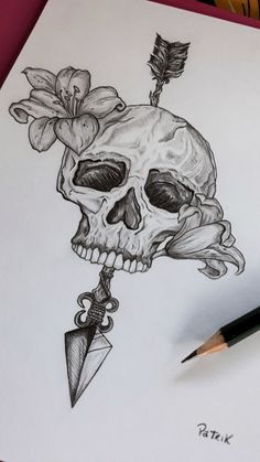 a drawing of a skull with a flower on it's head and an arrow in its mouth