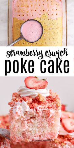 strawberry crunch poke cake on a plate with strawberries