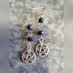 2¾ Inch Long Silvertone Metal Pentagram Charm Aromatherapy Earrings. These Earrings Are Hand Crafted On Silver Tone Metal Findings With Purple Glass Beaded And Black Lava Beads. $12.00 +S&H #Countrygypsyor Silver Spiritual Crystal Earrings Nickel Free, Silver Nickel-free Spiritual Crystal Earrings, Nickel-free Silver Crystal Earrings For Spiritual Use, Adjustable Nickel-free Silver Crystal Earrings, Halloween Earrings Beaded, Taco Earrings, Turquoise Chandelier, Nickel And Suede, Boho Hoop Earrings