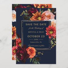 save the date card with flowers and leaves on it in navy blue, gold and orange