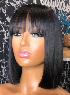 Nice Wigs, Bobbed Hairstyles, Cut Bangs, Rihanna Hairstyles, Bob Wig With Bangs, Bob Cut Wigs, Pixie Bob Haircut, How To Cut Bangs, Layered Bob Hairstyles