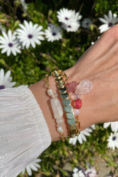 A stunning combination of gemstones- Carved rose quartz, cherry quartz, pink topaz, pink sapphire and peruvian opal. It measures 6.5-7.5 adjustable bracelet. Hibiscus Bracelet, Cherry Quartz, Quartz Pink, Peruvian Opal, Pink Topaz, Jewelry Inspo, Adjustable Bracelet, Pink Sapphire, Hibiscus