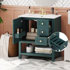 a bathroom with a sink and green cabinet