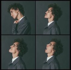 four different shots of a woman with curly hair, wearing a suit and white shirt