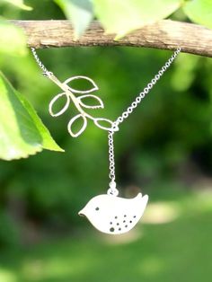 Bird and Branch Necklace - Best Friends Gift, Modern, Simple, Everyday Jewelry This pretty necklace features a silver plated twig with open leaves and a cute little sparrow.  Great necklace for everyday wear as well as special occasions! 17 inches length Branch - Material: brass + M.Silver-plated (Rhodium plated, TARNISH resistant) Size: approx 18 * 39mm  Bird -Matte Silver tarnish resistant Chick Bird Charms Material: brass+ matte rhodium plating Size: 17 mm * 12mm  Conversion: 1 inch = 25.4mm Lariat Jewelry Charms As A Gift, Lariat Charms Jewelry Gift, Lariat Charm Jewelry As Gift, Silver Sterling Silver Lariat Pendant Necklace, Wedding Silver Clavicle Chain Charm Necklace, Silver Sterling Silver Lariat Necklace With Pendant, Silver Delicate Chain Wedding Jewelry, Silver Jewelry With Delicate Chain For Wedding, Silver Dangle Jewelry With Delicate Chain