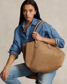 Leather-Trim Suede Large Bellport Tote for Women | Ralph Lauren® SA Suede Bag, Handbags Tote, Designer Handbags, Crossbody Bags, Tote Bags, Ralph Lauren, Handbags, For Women