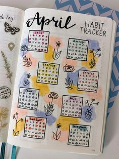 April habit tracker with flowers drawn in background Dot Notebook Ideas, April Habit Tracker, Months Journal, Dotted Journal Ideas, Dot Journal Ideas, Watercolor Polaroids, Habit Tracker Bullet Journal Ideas, August Habit Tracker Bullet Journal, Dot Planner