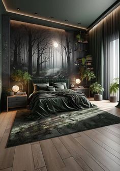 the bedroom is decorated in green and has a large painting on the wall above the bed