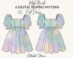 the front and back view of a dress with ruffled sleeves in pastel colors