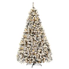 a white christmas tree with lights and snow on the top, against a white background