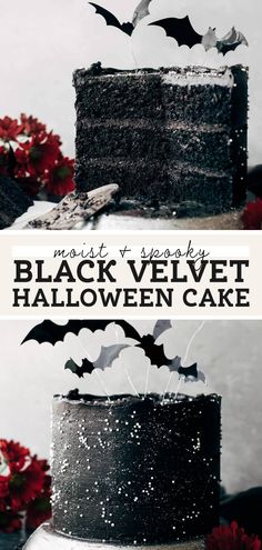 black velvet halloween cake with bats on top and red flowers in the background, text overlay reads