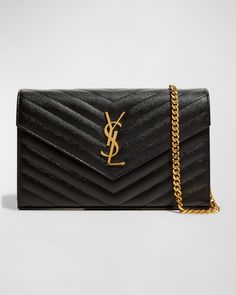 Saint Laurent YSL Monogram Large Wallet on Chain in Grained Leather Saint Laurent Bags, Quilted Wallet, Ysl Logo, Wallet On Chain, Chevron Quilt, Large Wallet, Saint Laurent Wallet, Saint Laurent Bag, Wallet Chain