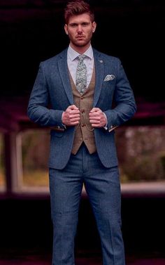 Marc Darcy | Blue Tweed Wedding 3 Piece Suit with Brown Waistcoat Marc Darcy Dion Ted - MENSWEARR Tweed Suit Men, Blue Tweed Wedding Suits, Wedding Suit Groom, Seating Board, Men Wedding Suit, Brown Waistcoat, Brother Wedding, Mens Tweed Suit, Suit Inspiration