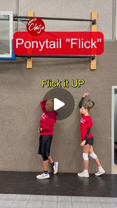 two young children standing in front of a sign that says ponytail flickk'up