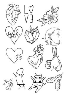 an ink drawing of hearts, flowers and other things